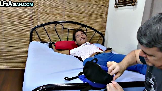 Ticklish Asian twink fucked in soft BDSM by gaydaddy