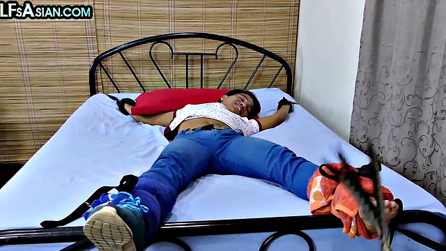 Ticklish Asian twink fucked in soft BDSM by gaydaddy