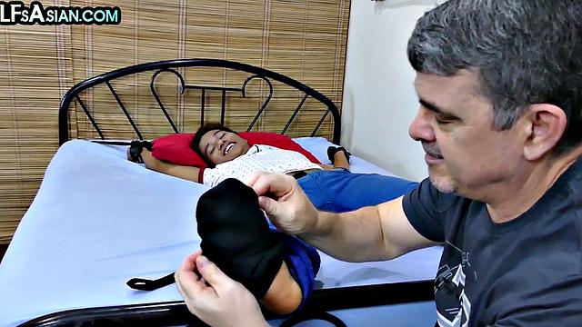 Ticklish Asian twink fucked in soft BDSM by gaydaddy