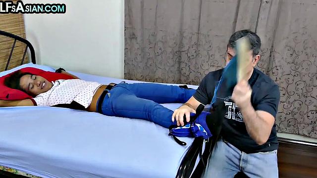 Ticklish Asian twink fucked in soft BDSM by gaydaddy