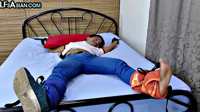 Ticklish Asian twink fucked in soft BDSM by gaydaddy