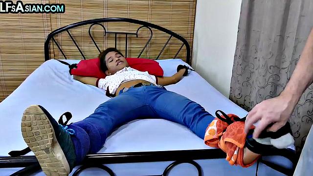 Ticklish Asian twink fucked in soft BDSM by gaydaddy