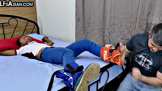 Ticklish Asian twink fucked in soft BDSM by gaydaddy