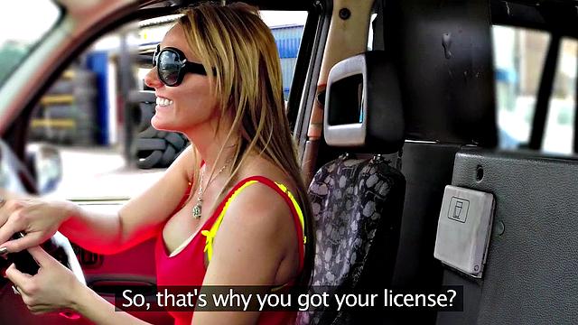 Busty MILF in lingerie gets her big tits creamed while getting a hard ride in taxi