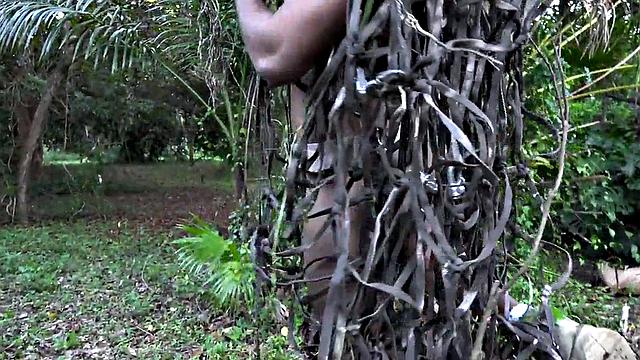 Navy bottom fucked outdoors in forest under voyeur