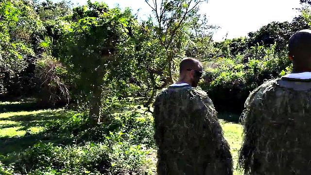 Navy bottom fucked outdoors in forest under voyeur