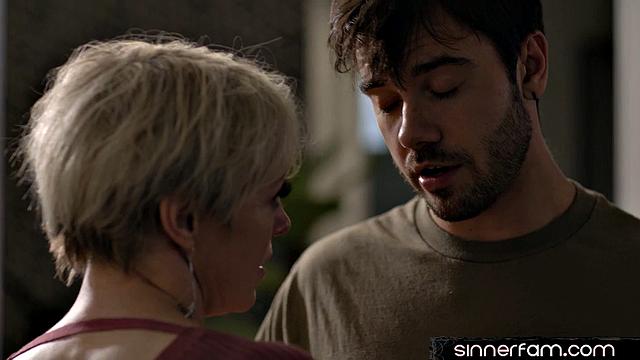 Busty blonde MILF eaten out by stepson