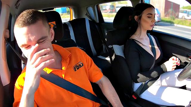 Busty driving student spreads for her instructor