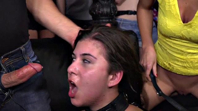 A submissive teen get humiliated in public by a group of big-dicked guys