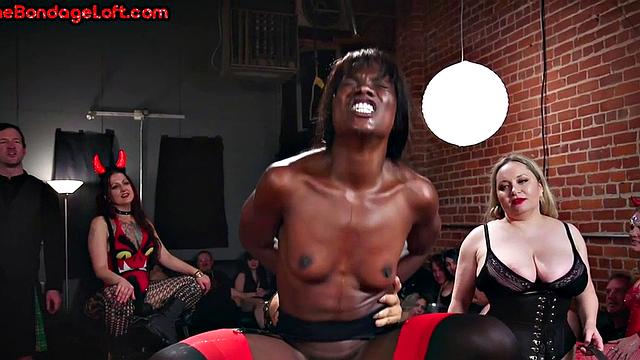 BDSM Ebony suffers from domina in public electro sex