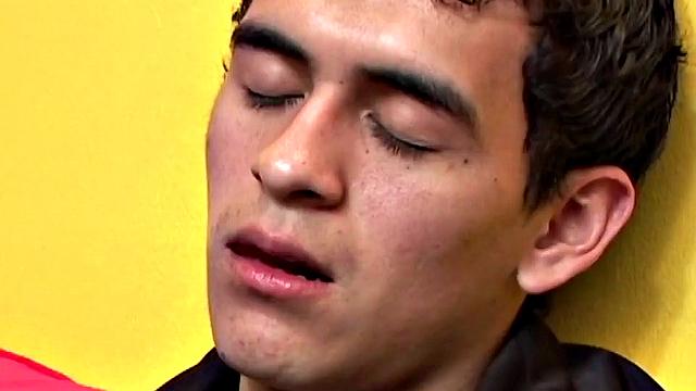 Skinny and smooth Damian kicks back on pillows, jerks off, stripped, with boner in hand