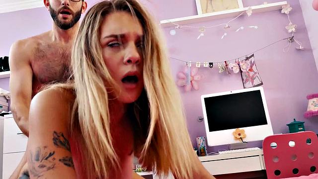 Big-boobed blonde stepsis stuffed after bj