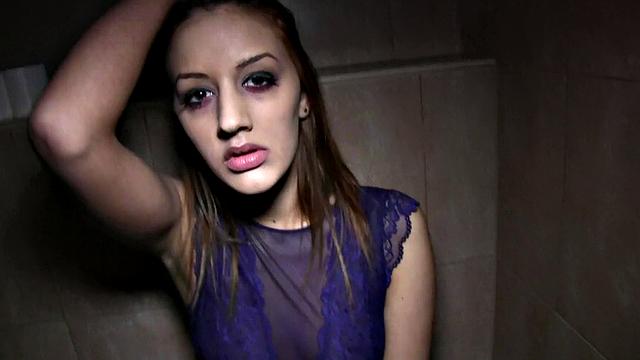 Naughty Brunette Teen Fucks in Public Bathroom with Ball Licking and Handjobs