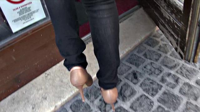 Naughty Brunette Teen Fucks in Public Bathroom with Ball Licking and Handjobs