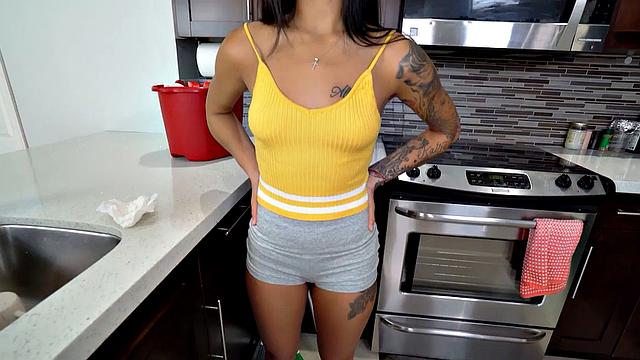 Kinky tattooed maid fucks boss while cleaning in wet pussy hole