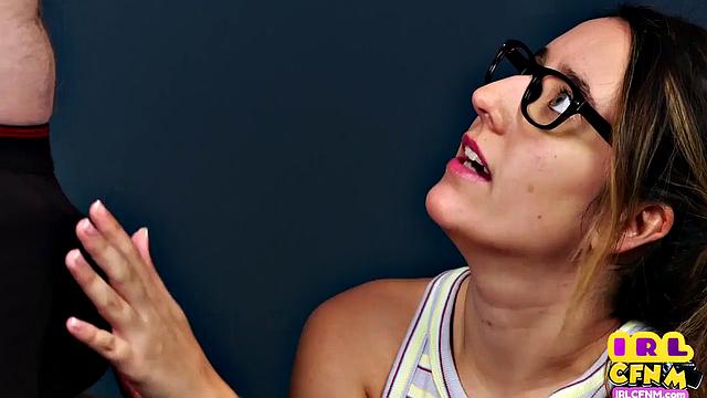 Cute CFNM glasses babe deepthroating guy