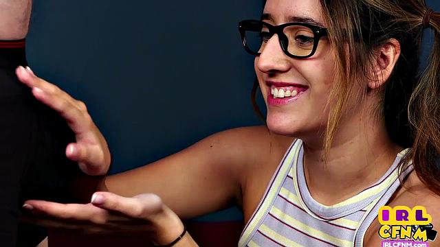 Cute CFNM glasses babe deepthroating guy