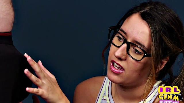 Cute CFNM glasses babe deepthroating guy