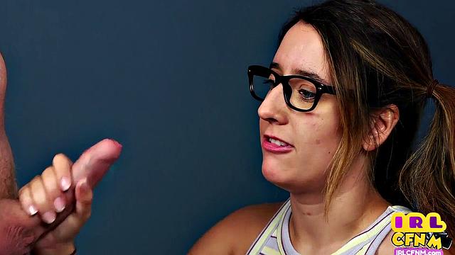 Cute CFNM glasses babe deepthroating guy