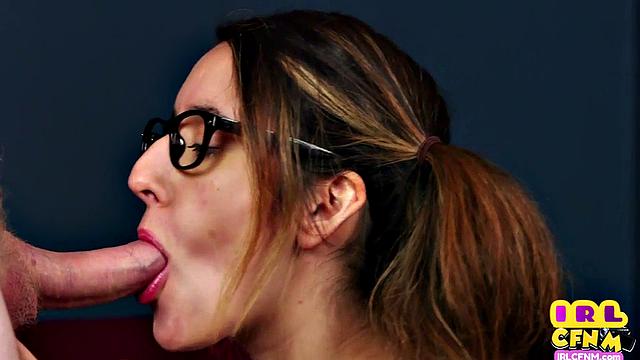 Cute CFNM glasses babe deepthroating guy