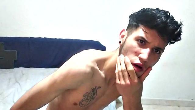 In his bedroom, this skinny Latin boy quickly strips out of his boxer briefs and works up a stiff one. He is all over the place, while showing us his little butt and beating off.