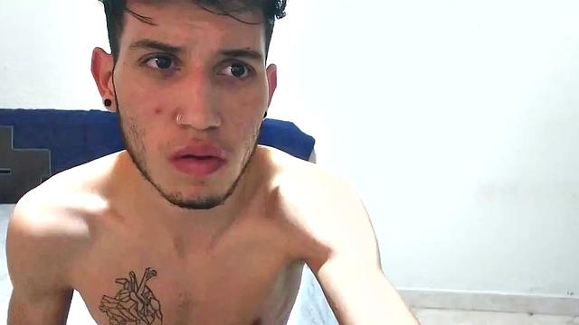 In his bedroom, this skinny Latin boy quickly strips out of his boxer briefs and works up a stiff one. He is all over the place, while showing us his little butt and beating off.