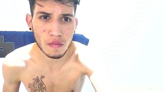 In his bedroom, this skinny Latin boy quickly strips out of his boxer briefs and works up a stiff one. He is all over the place, while showing us his little butt and beating off.