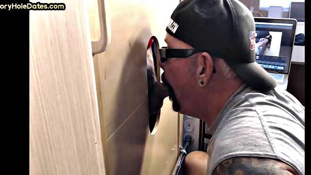 BJ gloryhole DILF with moustache sucks cock at home