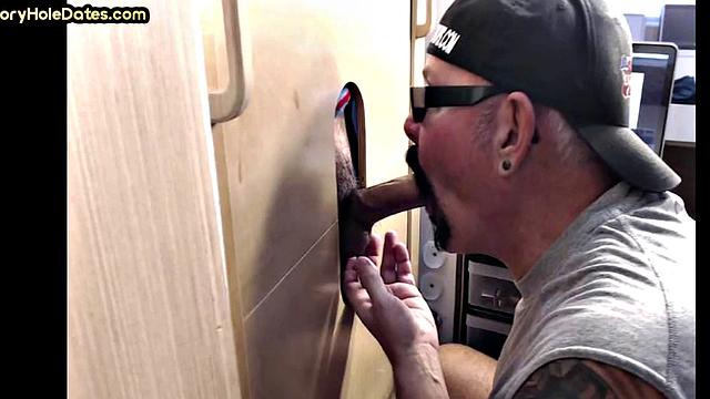 BJ gloryhole DILF with moustache sucks cock at home