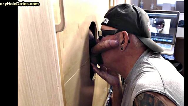 BJ gloryhole DILF with moustache sucks cock at home