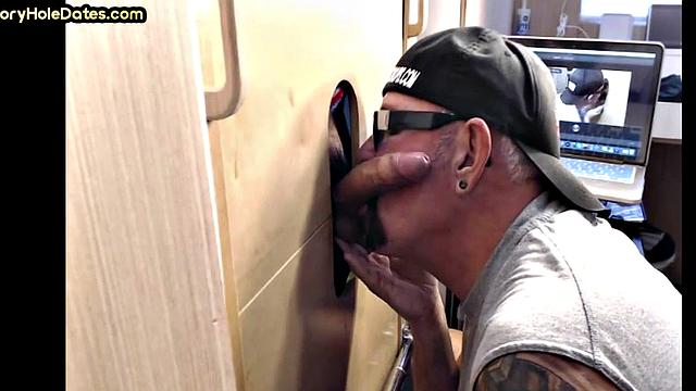 BJ gloryhole DILF with moustache sucks cock at home