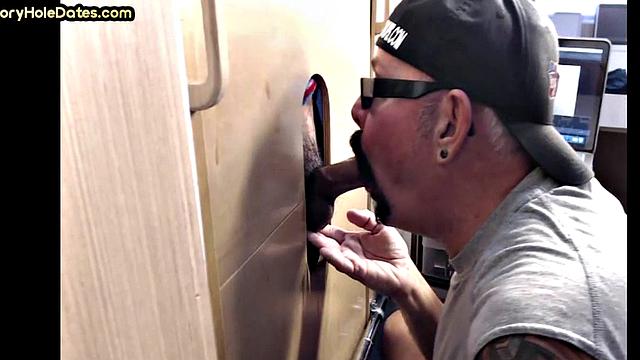 BJ gloryhole DILF with moustache sucks cock at home