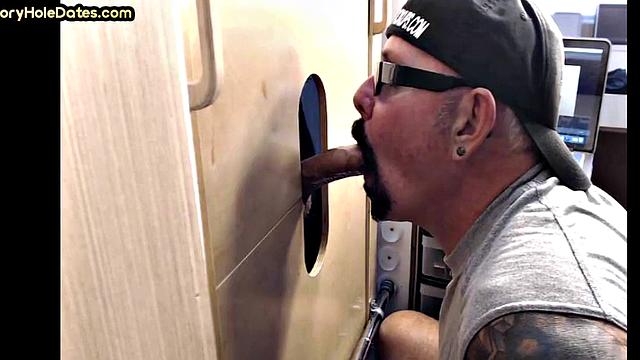 BJ gloryhole DILF with moustache sucks cock at home