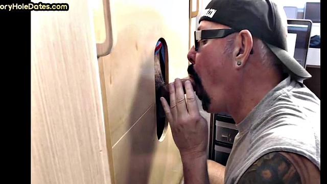 BJ gloryhole DILF with moustache sucks cock at home