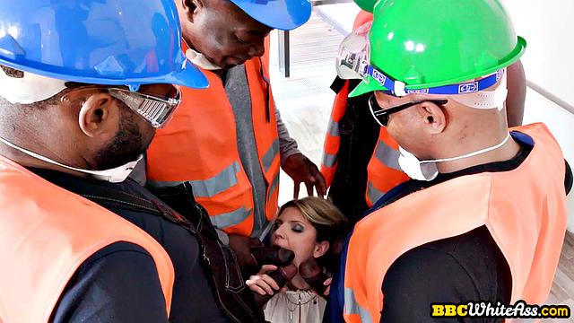 Nasty petite blonde in interracial gangbang