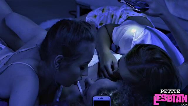 Petite lesbian babe banged by dildo