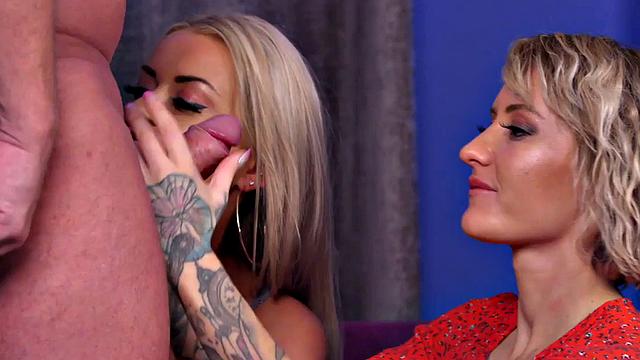 CFNM British dom ladies in dress and heels suck cock in 3way