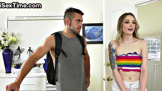 Bisexual smallboobs babe fucked in MMF 3way by BF and his mate