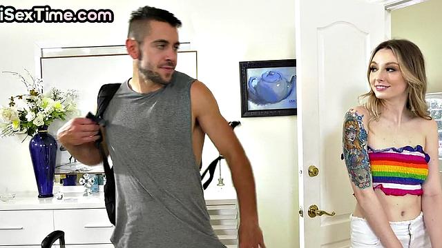 Bisexual smallboobs babe fucked in MMF 3way by BF and his mate