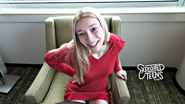 This blonde teen is a pro at deepthroating & fucking with her tight pussy on the armchair