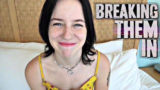 This blonde teen is a pro at deepthroating & fucking with her tight pussy on the armchair