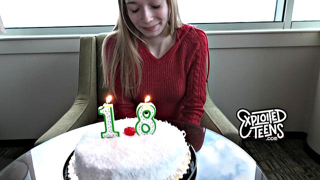 This blonde teen is a pro at deepthroating & fucking with her tight pussy on the armchair