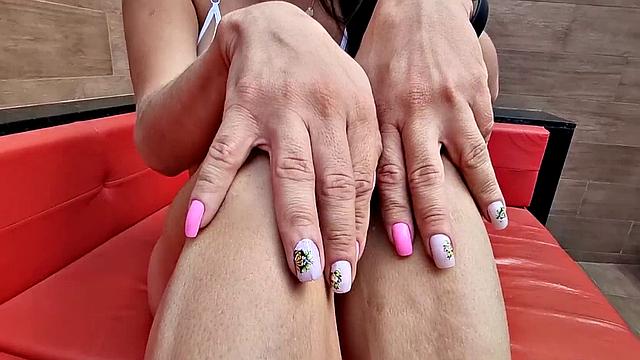 A tattooed amateur brunette tease and stroke her massive shaft in lingerie and high heels