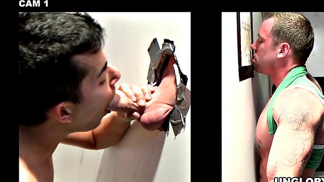 Naive Jock gets gloryhole blowjob from gay dude