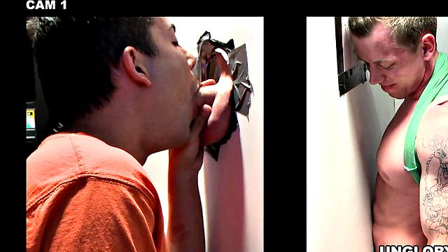 Naive Jock gets gloryhole blowjob from gay dude