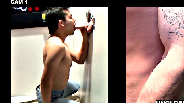 Naive Jock gets gloryhole blowjob from gay dude