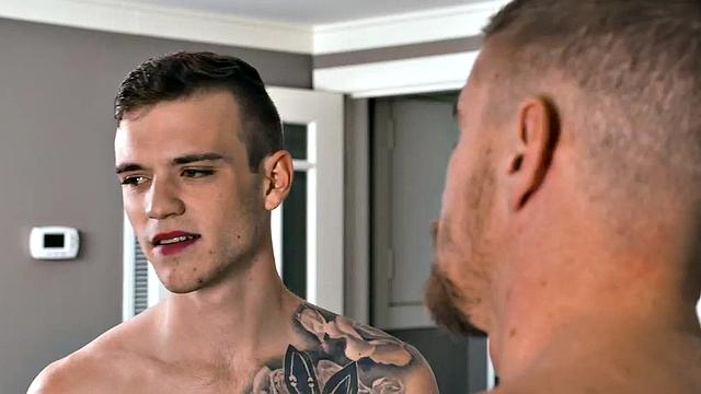 Skinny twink bareback fucks stud in kitchen before getting fucked