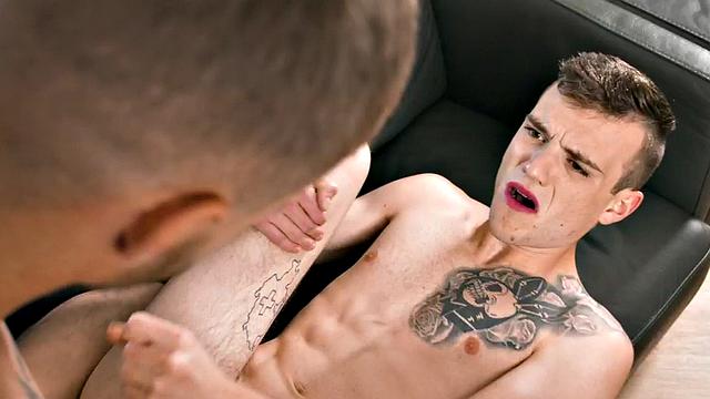 Skinny twink bareback fucks stud in kitchen before getting fucked