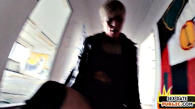 Public MILF with tattooed body fucked in building