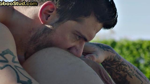 Weird tattooed stud rims and fucks stepbro outdoors by pool